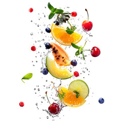 Fruits falling with water splash isolated on transparent background PNG