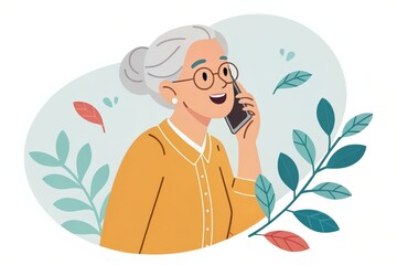 Grandmother joyfully talking on a smartphone against a colorful background of leaves and plants