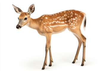 Naklejka premium Young realistic deer with white spots on light brown fur standing with lowered head and cautious posture on an isolated white background
