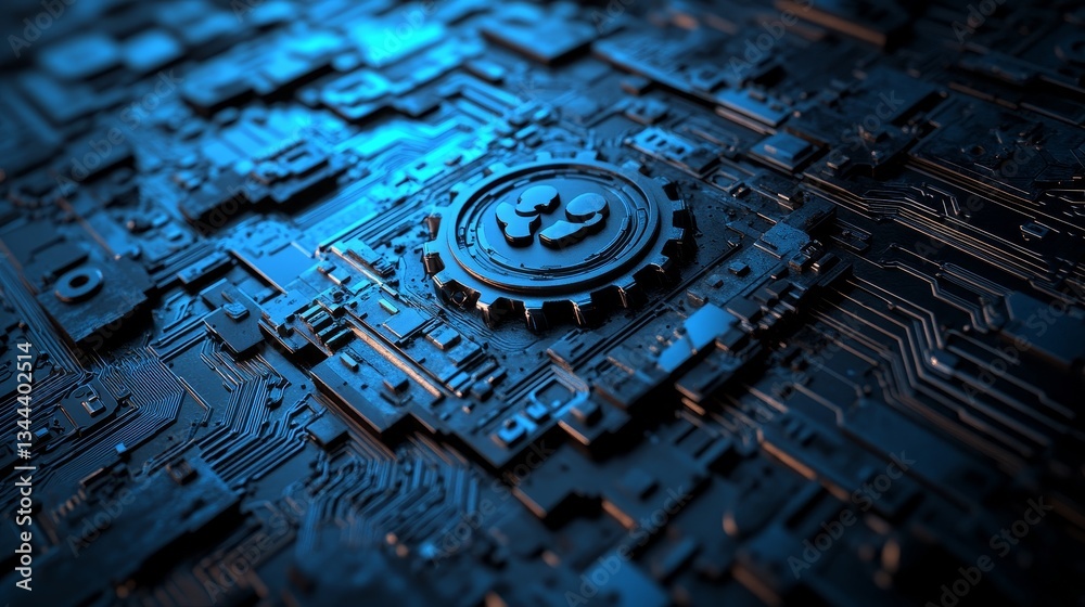 Poster the technology concept is configured with a cog symbol on a microchip, featuring white neon data flo