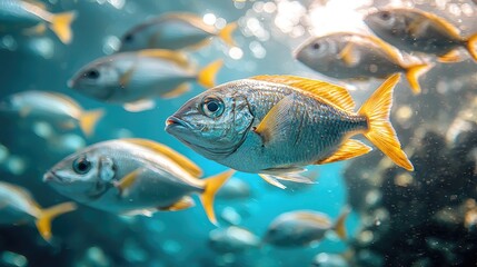 Underwater scene showcasing a school of vibrant fish swimming near coral reefs