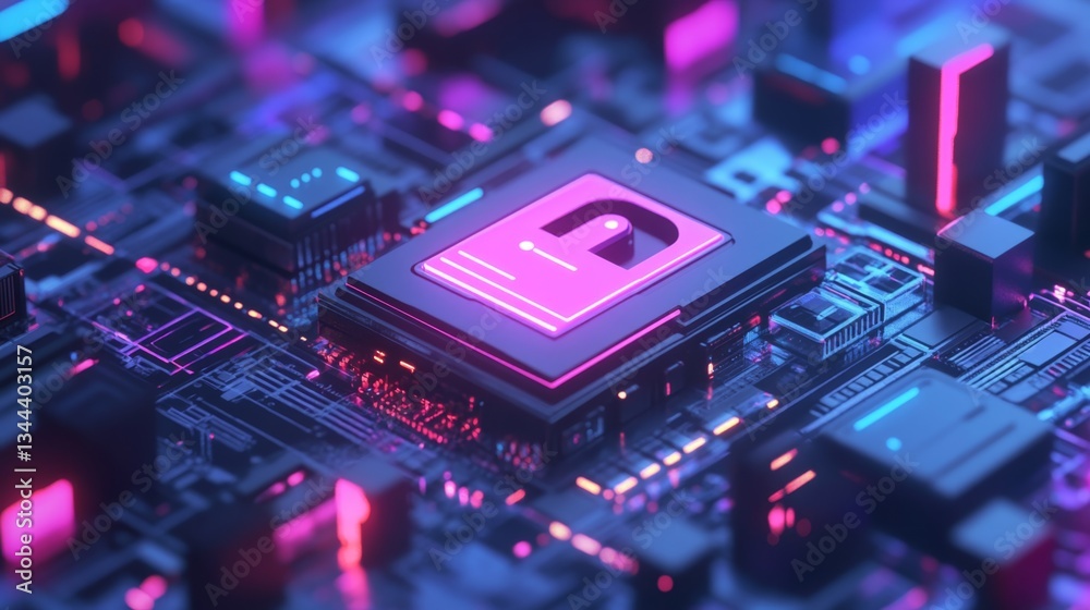 Poster exploring advanced technology microprocessor design digital realm 3d visualization futuristic aerial