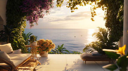 Relaxing Seaside Balcony with Comfortable Lounge and Beautiful Ocean View