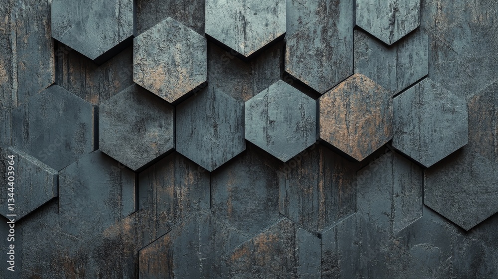 Poster The background of this 3D render features concrete hexagonal bricks stacked to form a semigloss block, with polished 3D mosaic tiles arranged in the shape of a wall
