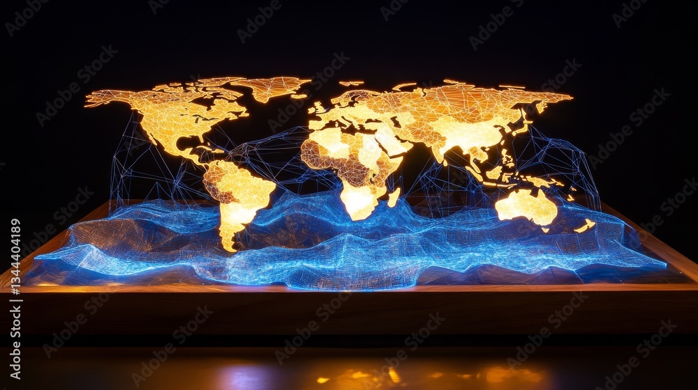 Poster global network visualization digital world map 3d technology display oceanic environment abstract vi