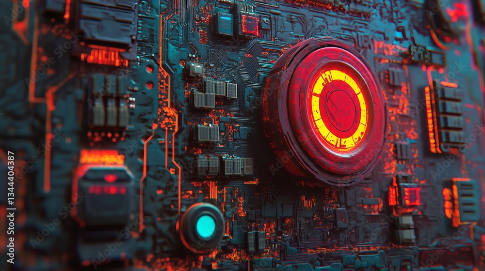 Poster the power symbol on a microchip activates the technology concept, enabling orange neon data to flow 