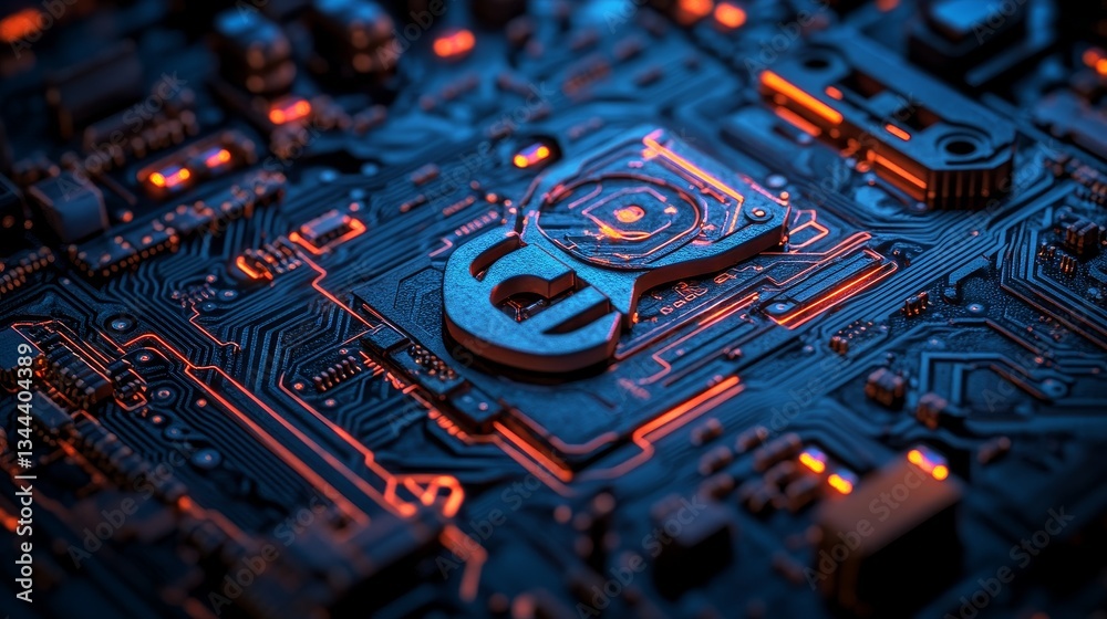 Poster a 3d render of technology concept configured with a tool symbol on a microchip, featuring white neon