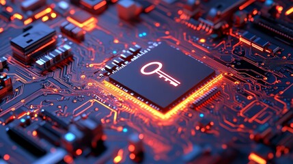 Fototapeta premium The concept of Security Technology is illustrated by a key symbol on a Microchip, alongside a 3D depiction of data flowing between the CPU and a futuristic motherboard