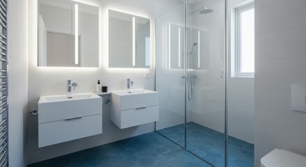 Modern Bathroom Interior with Two Sinks Shower and Blue Tiled Floor