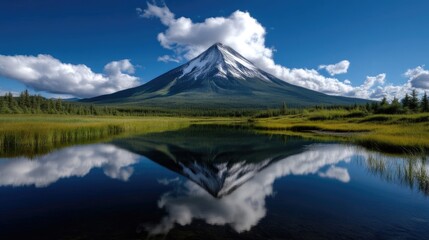 Naklejka premium Mountain reflected in lake, clouds