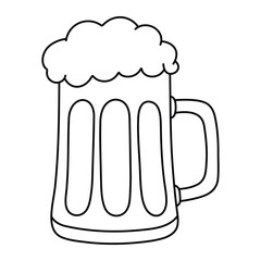 Beer mug with foam vector illustration. Hand-drawn doodle of frothy draft beer glass. Black line art isolated on white background.