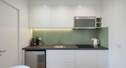 Modern Minimalist Kitchen with White Cabinets and Green Backsplash Design