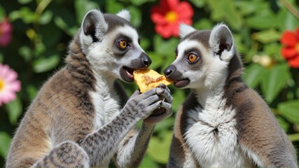 Obraz premium Two lemurs are sitting on a tree branch, one of them is eating a leaf