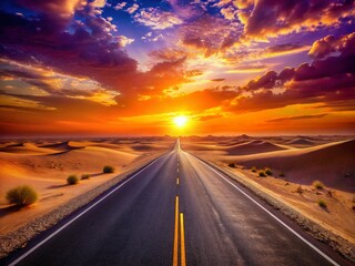 Sunlit Desert Highway at Sunset: Scenic Stock Photo
