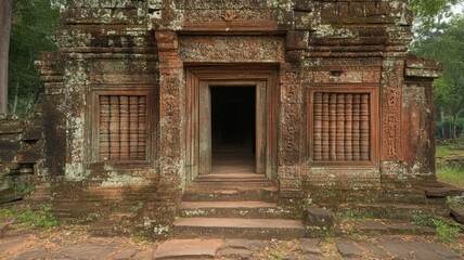 Obraz premium Ancient Stone Temple Entrance in Lush Green Foliage