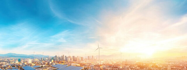 Urban Skyline with Wind Turbines and Solar Panels at Sunset