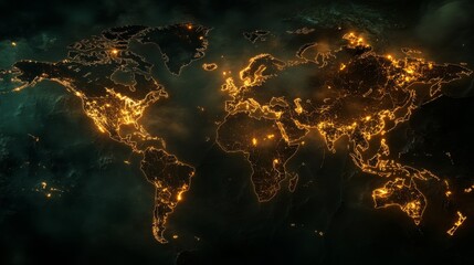 Global network visualization digital map infographic nighttime aerial view technology and connectivity insights