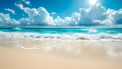 Obraz premium Turquoise Ocean Waves Crashing on Sandy Beach Under Blue Sky with Clouds - Summer Vacation Paradise