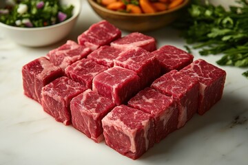 Fototapeta premium Freshly Cut Cubes of Beef Ready for Cooking Preparation