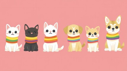 Fototapeta premium Colorful Cartoon Dogs With Rainbow Scarves Against Pink Background