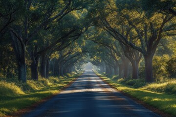 Obraz premium Sunlit Road Through Oak Tree Tunnel at Dawn