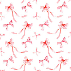 Watercolor Pink Bows and Ribbons Pattern on Transparent Background. Tender Romantic Design for Valentine's Day, Wedding Invitations and Gift Wrapping
