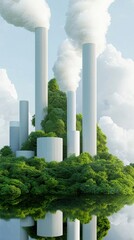 Fototapeta premium Industrial Facility Surrounded by Lush Greenery and Calm Water