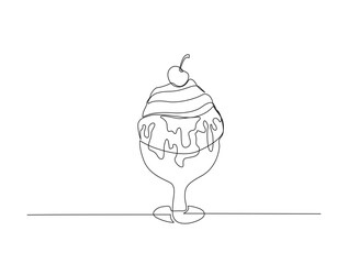 Continuous one line drawing of ice cream scoops on the glass bowl. Ice cream in single line draw illustration. Editable stroke.