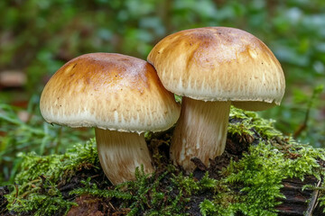 Close-Up of Fresh Organic Porcini Mushrooms on Autumn Leaves Created with Generative AI