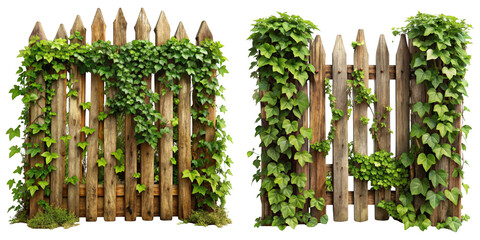 Two Wooden Fences Overgrown with Ivy, Isolated on Transparent Background, Game Asset, Nature, Vegetation, fence, ivy, asset