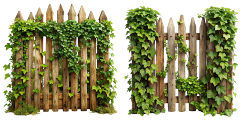 Two Wooden Fences Overgrown with Ivy, Isolated on Transparent Background, Game Asset, Nature, Vegetation, fence, ivy, asset