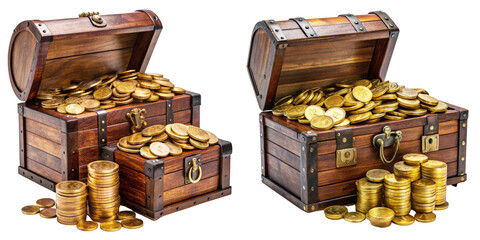 Two Wooden Chests Overflowing with Gold Coins Isolated on Transparent Background, Treasure, Wealth, Gold coins, treasure chest