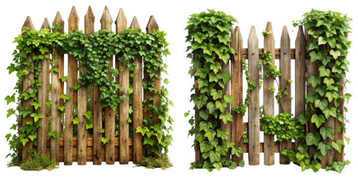 Two Wooden Fences Overgrown with Ivy, Isolated on Transparent Background, Game Asset, Nature, Vegetation, fence, ivy, asset