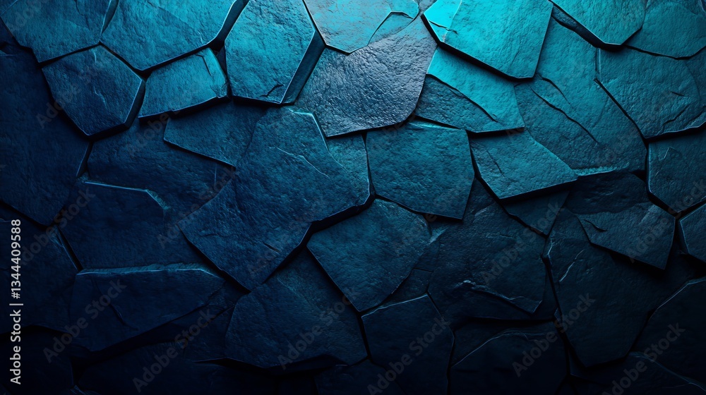 Poster the image depicts a blue 3d surface with triangular pyramids, illuminated to create a futuristic neo