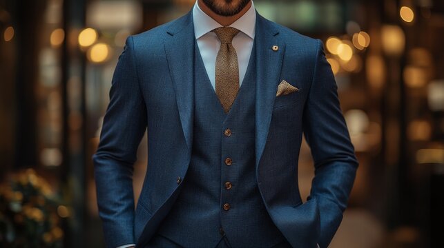 A well-groomed man showcases a sophisticated blue suit, complete with a vest and tie, in a stylish urban environment illuminated by soft lights.
