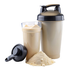 Protein Shake Composition Whey Powder, Shaker Bottle, Glass, Isolated on Transparent Background, Fitness Supplement, Nutrition, Protein powder, whey, shaker bottle