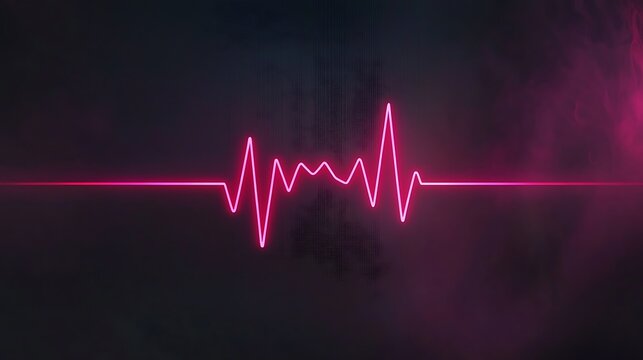 Glowing neon heart rate in front of a dark foggy background. Possible health use