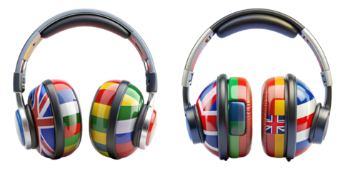 Headphones with World Flags, 3D Render, Isolated on Transparent Background, Global Communication, Language Learning, Global, Communication, International