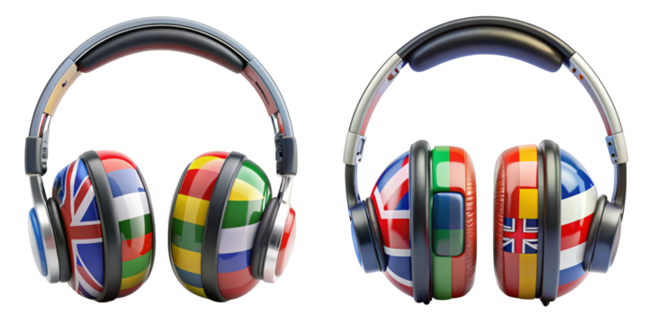 Headphones with World Flags, 3D Render, Isolated on Transparent Background, Global Communication, Language Learning, Global, Communication, International - Powered by Adobe