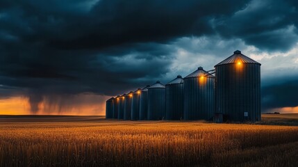 Stormy Sunset Over Grain Silos in a Golden Field