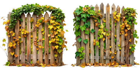 Autumn Wooden Fence with Ivy, Two Sections, Isolated on Transparent Background, Fall Foliage, Garden Gate, fence, ivy, autumn