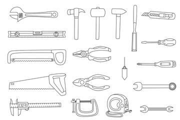 Hand drawn doodle illustration of a hand tools set, featuring wrenches, hammers, saws, pliers, screwdrivers, a measuring tape, a level, a utility knife, a chisel, and more