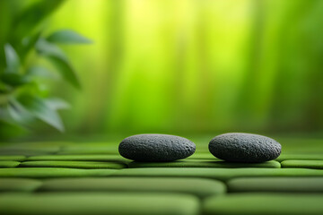 Two dark stones are on a soft green bamboo platform