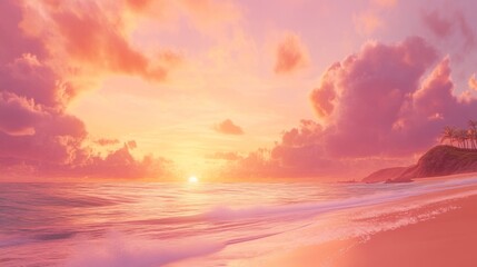 Obraz premium Serene sunset over tranquil beach coastal paradise landscape photography tropical environment wide-angle view natural beauty