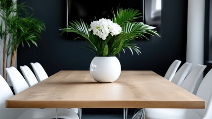 Modern conference room with a neutral color palette, featuring a stylish centerpiece and comfortable seating