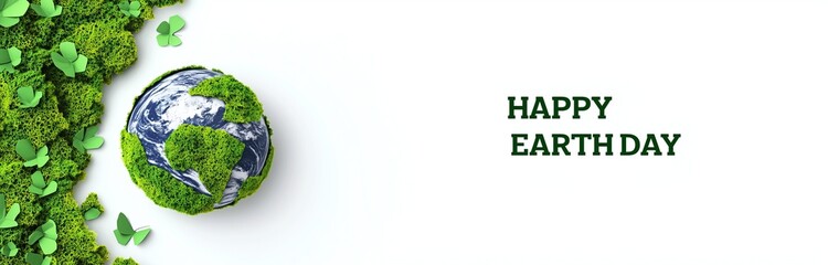 Green-covered Earth globe with lush vegetation, surrounded by paper-style green butterflies, celebrating Earth Day. Festive design with “HAPPY EARTH DAY” text, emphasizing environmental protection and