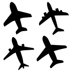 Airplane silhouette isolated on a white background. A quartet of stylized airplane silhouettes in varying designs, perfect for illustrating travel, transport, or air-related themes. Vector, eps