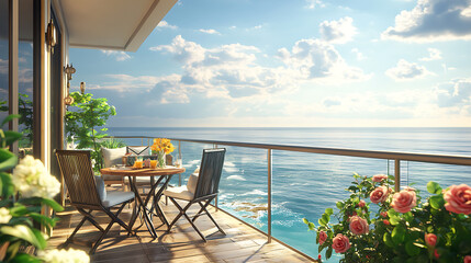 Relaxing Seaside Balcony with Comfortable Lounge and Beautiful Ocean View