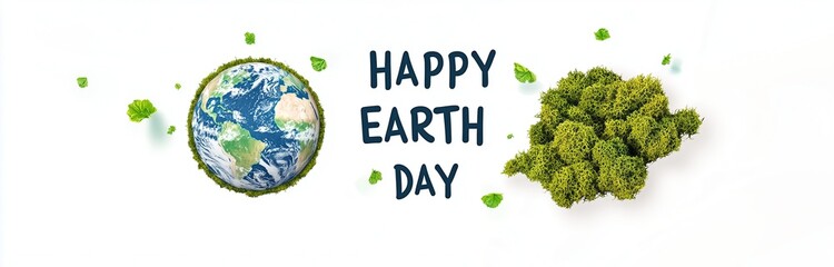 Earth Day celebration design featuring a globe adorned with green vegetation, paired with lush green moss-like clusters. “HAPPY EARTH DAY” text in bold dark font, surrounded by floating green leaves