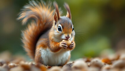 Obraz premium Adorable Red Squirrel Eating Nut in Autumn Forest